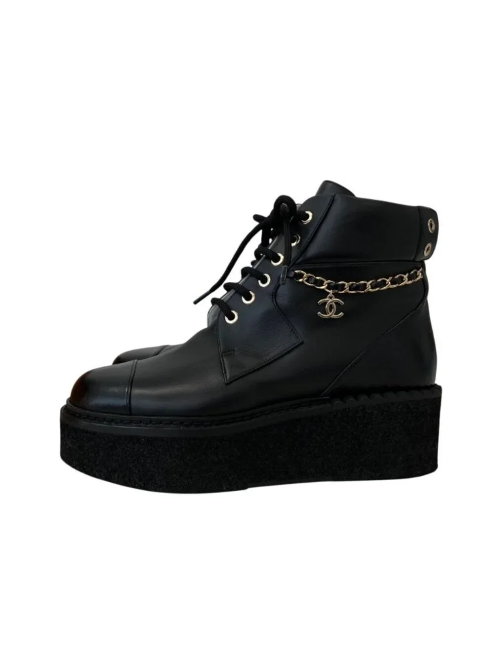 Chanel CC Logo Chain Decoration Lace Up Boots 37.5 Black